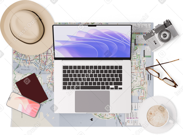 3D top view of map, laptop, hat, passport, smartphone, camera and glasses PNG, SVG