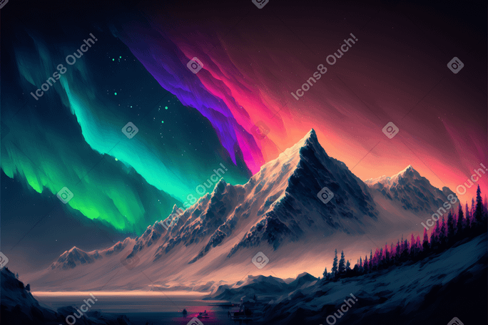 3d-berglandschaft mit aurora-hintergrund PNG, SVG