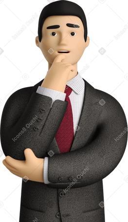 3D pondering businessman in black suit Illustration in PNG, SVG