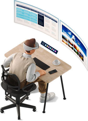 young man in vr glasses sitting at his desk PNG, SVG