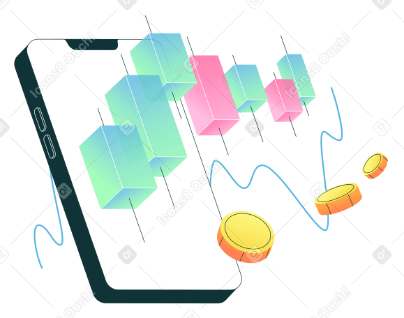 Illustration animée Investissements et graphique en chandeliers financiers aux formats GIF, Lottie (JSON) et AE