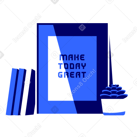 本、「make today great」と書かれた動機付けのポスター、机の上のオフィスプラント PNG、SVG
