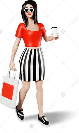 3D woman with shopper and coffee cup PNG, SVG