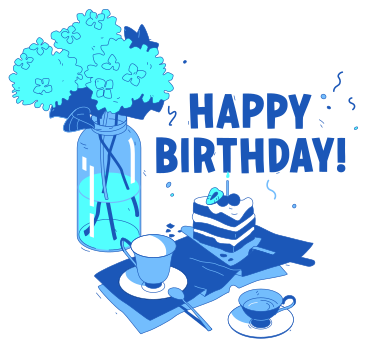 Testo scritte di buon compleanno con fiori, torta e tazze PNG, SVG