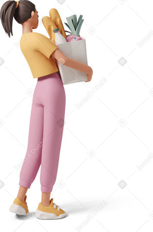 3D girl and grocery bag PNG, SVG