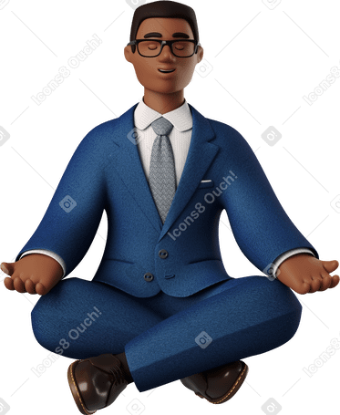 3D black businessman in blue suit meditating Illustration in PNG, SVG