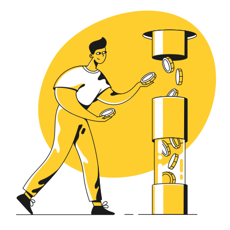 Man with money in his hands adds coins to the financial flow in the pipe Illustration in PNG, SVG