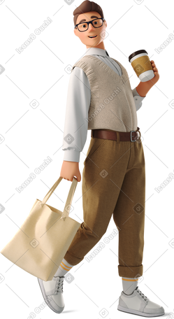 3D young man walking with coffee PNG, SVG