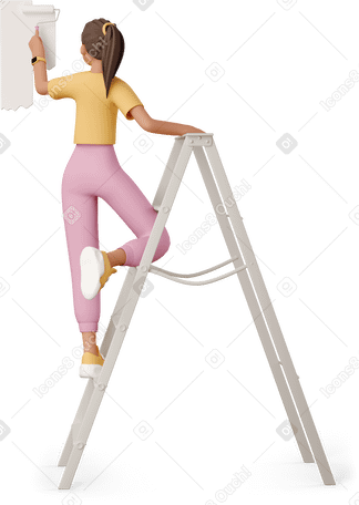 3D young woman painting the wall with a paint roller в PNG, SVG
