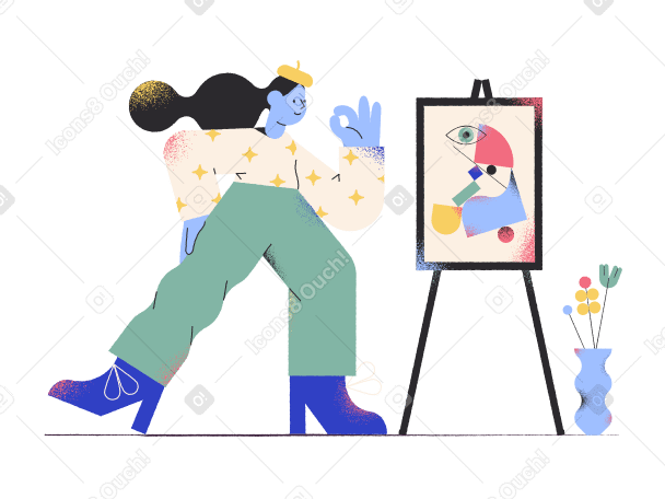 Female artist showing ok sign next to painting PNG, SVG