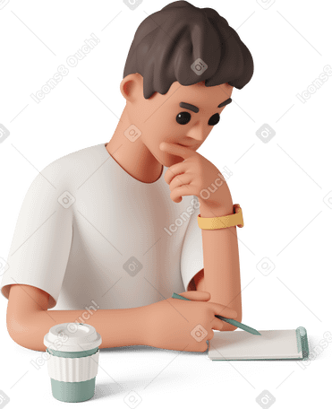 3D young man holding chin and writing in notebook PNG, SVG