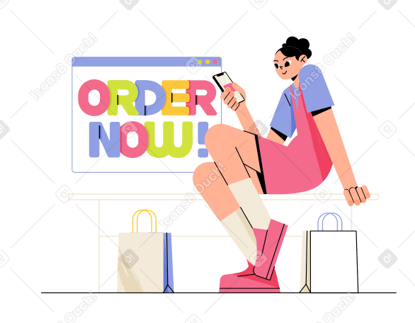 Commandez le lettrage maintenant ! avec une fille faisant du shopping en ligne PNG, SVG
