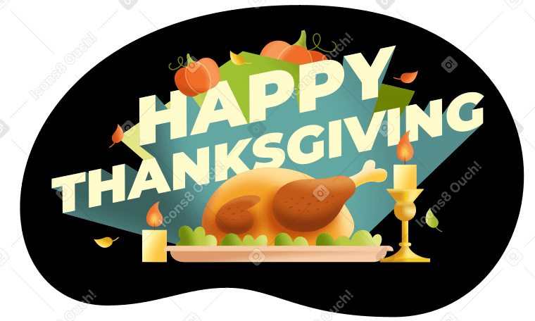 Lettering happy thanksgiving with pumpkins, roast chicken and candles text PNG, SVG