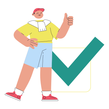 Smiling man shows thumbs up near huge check mark PNG, SVG