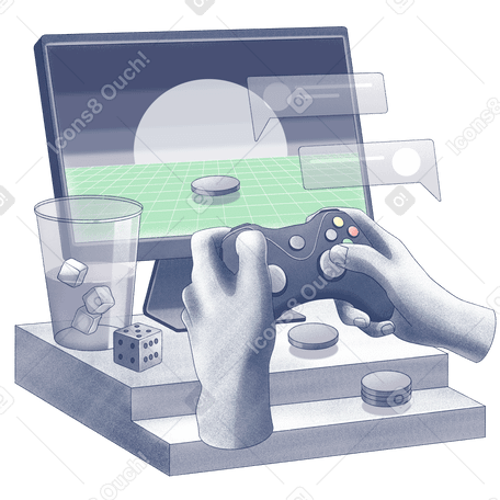 Gamer's workplace with computer monitor and joystick Illustration in PNG, SVG