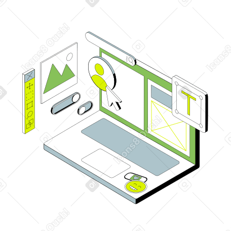 Laptop with web design application Illustration in PNG, SVG