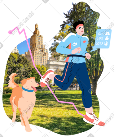 Young man runs with a dog in the park PNG, SVG