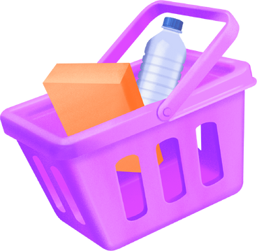 purple grocery basket with a bottle and muesli PNG, SVG