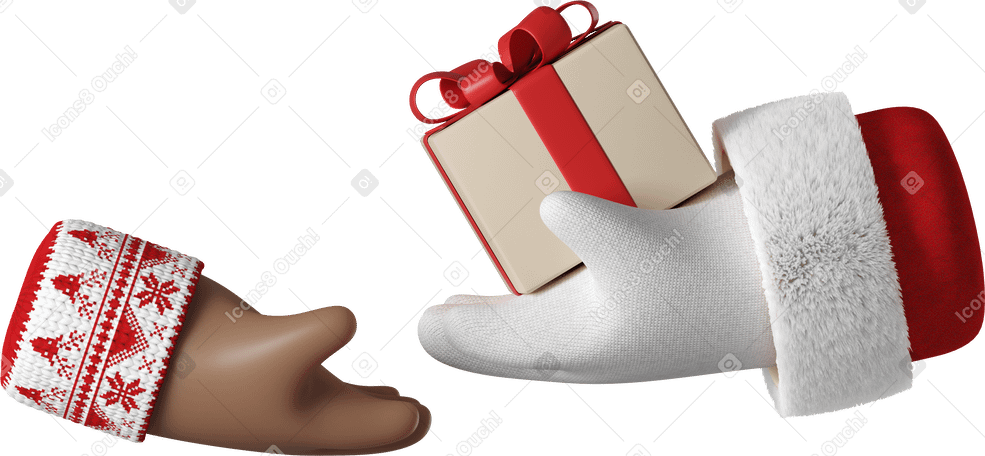 3D Santa Claus giving a gift box to dark brown skin hand PNG, SVG