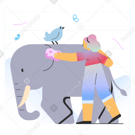Girl washing elephant Illustration in PNG, SVG