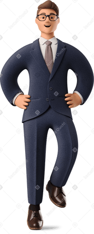 3D Uomo d'affari seduto con le mani sui fianchi in abito blu scuro PNG, SVG