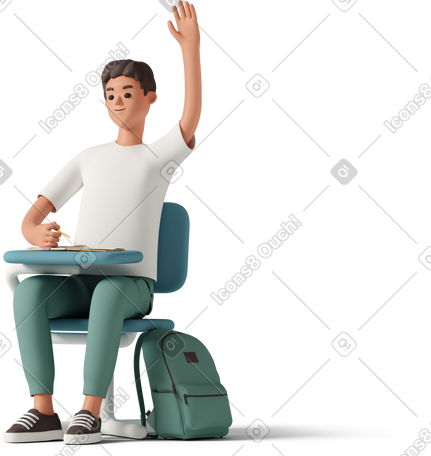 3D 坐在绿色课桌前举手的男学生 PNG, SVG