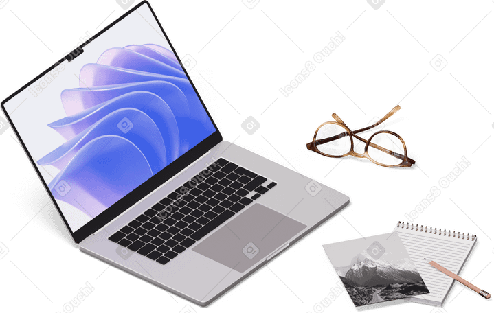 3D isometric view of laptop, glasses, postcard, notebook and pencil PNG, SVG