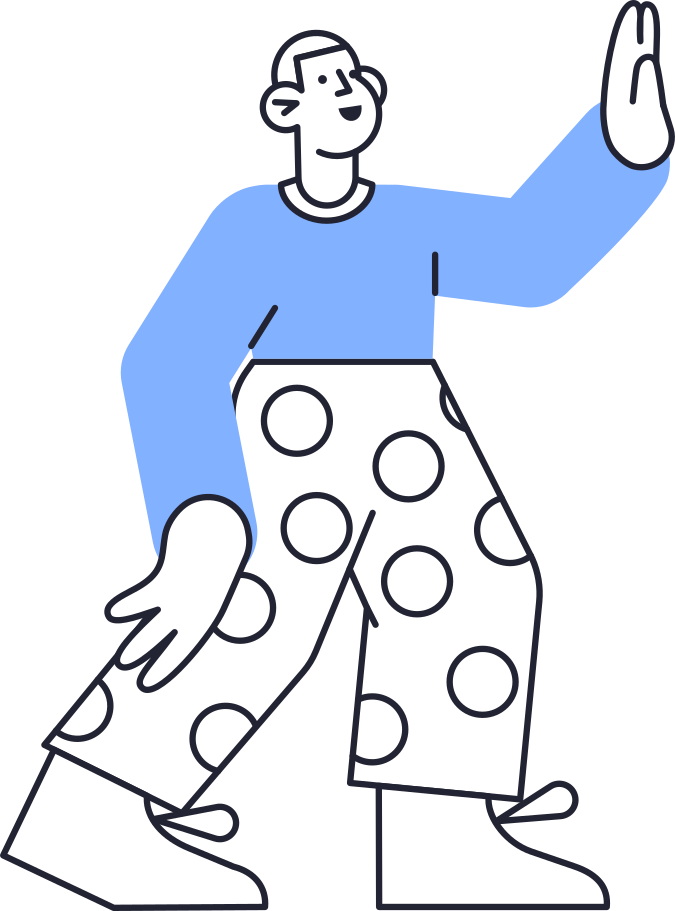 man in blue sweater and polka dot pants with hand up Illustration in PNG, SVG