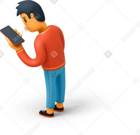 3D Back view of a man looking at his phone PNG, SVG