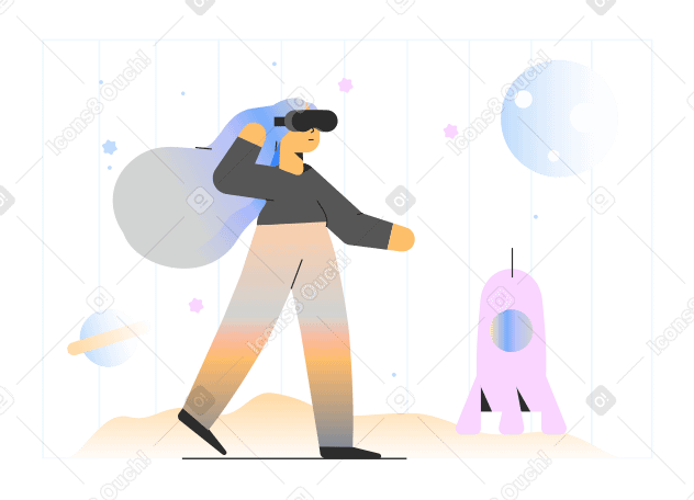 Woman in vr headset exploring space on a rocket PNG, SVG