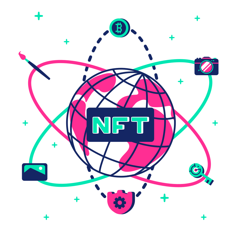 NFT planet with circles around it and with bitcoin, camera, cryptography key, shield, brush, and image Illustration in PNG, SVG