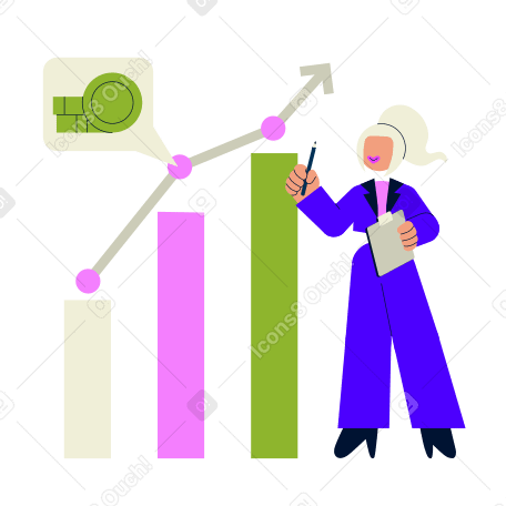 Woman showing presentation with analytics PNG, SVG