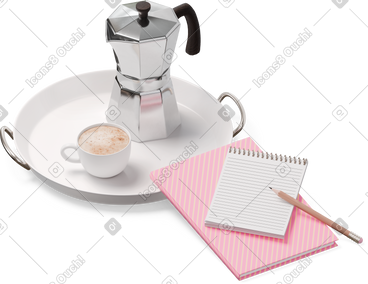 Isometric view of notebooks and tray with cup and moka pot PNG, SVG