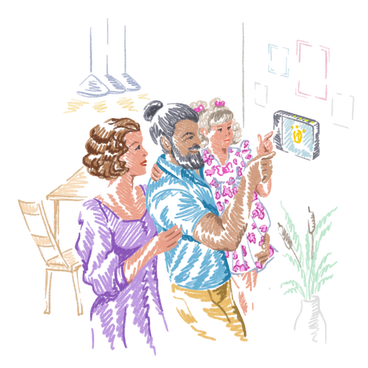 Family testing a smart home system PNG, SVG