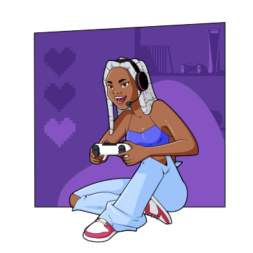 Fille assise dans un pouf et jouant à des jeux vidéo PNG, SVG