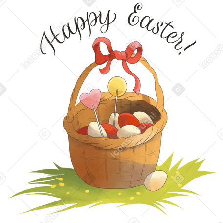 Happy Easter calligraphy and the basket with easter eggs on the grass Illustration in PNG, SVG