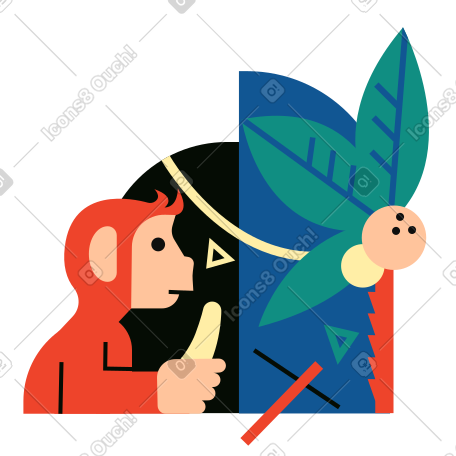 A monkey holding a banana near a tree PNG, SVG