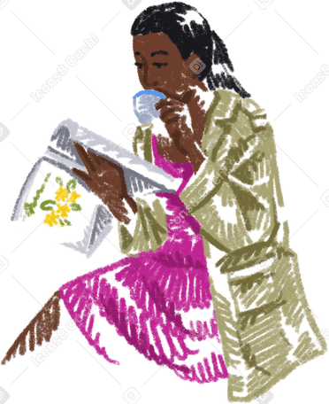 young woman drinking coffee and reading a magazine PNG, SVG