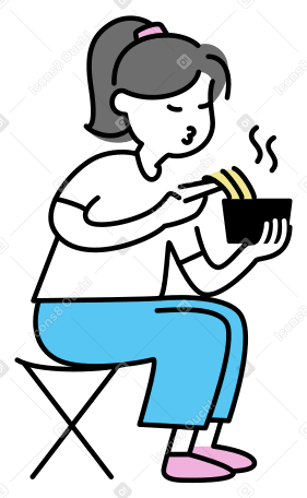 Ilustración animada de Mujer joven comiendo fideos con palillos en GIF, Lottie (JSON), AE