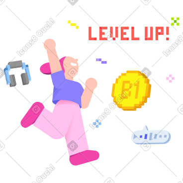 Girl getting B1 level and joyfully throwing hand up PNG, SVG