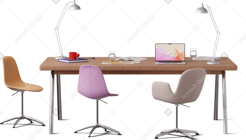 3D front view of office desk with laptop and project files PNG, SVG