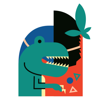 Dinosaur playing with geometric structures в PNG, SVG