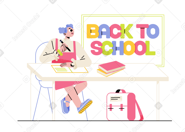 Lettering Back to School with a student girl Illustration in PNG, SVG