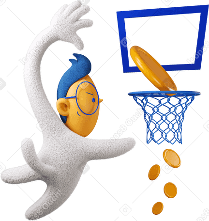 3D Boy putting money in basketball hoop eagerly Illustration in PNG, SVG