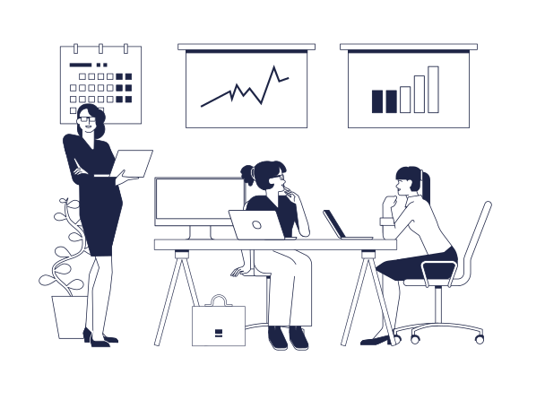 Three female marketers in office Illustration in PNG, SVG