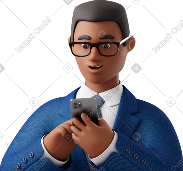 Close up of black businessman in blue suit looking at phone PNG, SVG