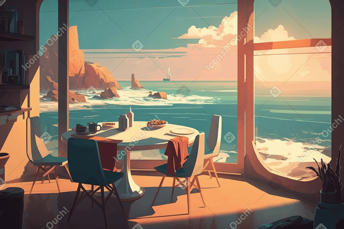 Living room with a panoramic view of the ocean background PNG, SVG