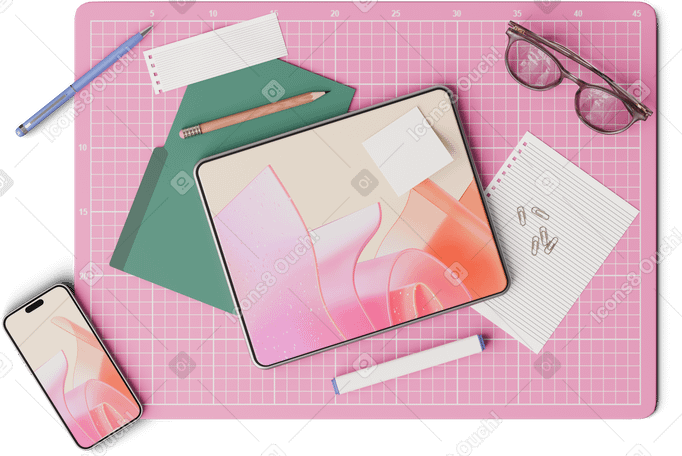 3D top view of desk with smartphone, tablet, and papers PNG, SVG