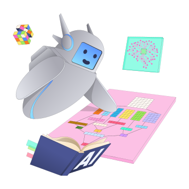 本とチャートを使って機械学習に取り組むロボット のアニメーションイラスト、GIF、Lottie (JSON)、AE