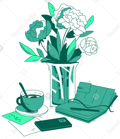 Flores, café, smartphone y notebook. PNG, SVG